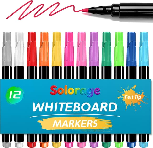 Detalle 2 de Solorage 12-Colour Whiteboard Pens for LED Drawing Boards – Felt Tip Dry Wipe Markers