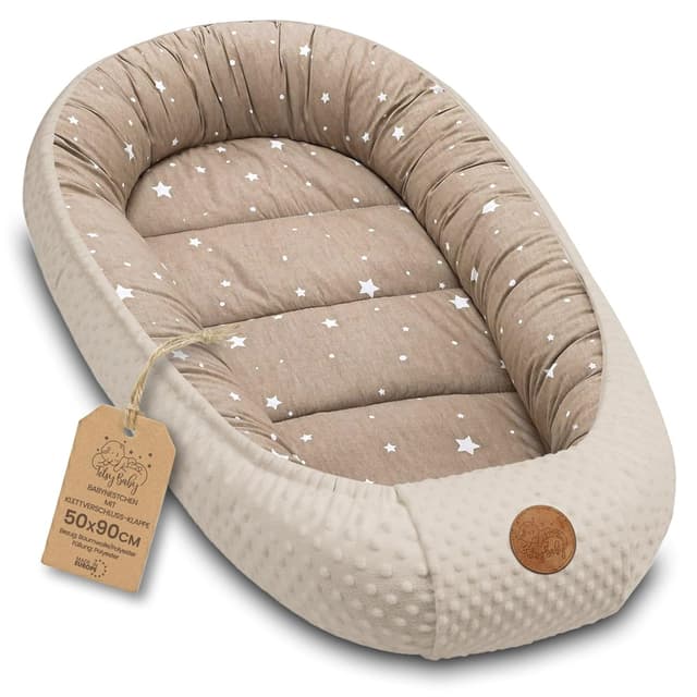 Detalle de Nestchen Baby Babynestchen für Neugeborene aus Baumwolle & Minky, tragbares Nest für Kinderbett, Beige mit weißen Sternen