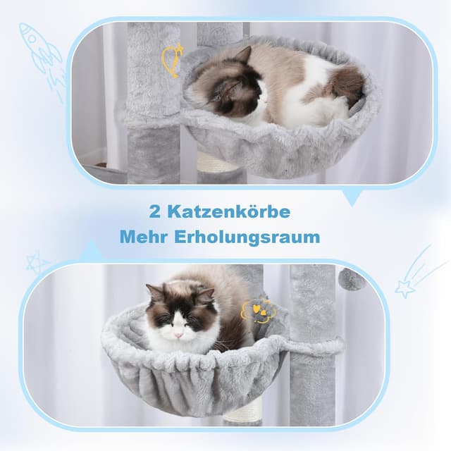 Detalle de Hey-brother Arbre à chat MPJ070W pour Maine Coon : 2 plateformes, 2 hamacs et brosse de toilettage