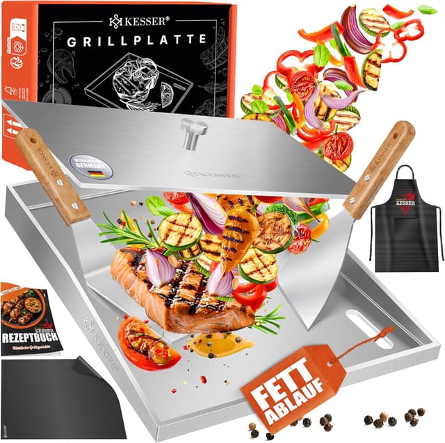 Detalle de KESSER Plancha Grillplatte aus Edelstahl mit Deckel (40 x 30 cm) bis 800 °C, mit Fettablauf – inkl. 2 Spatel, Schürze, Grillmatte & Rezeptbuch
