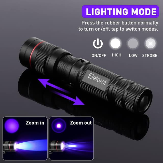 Detalle de Eletorot UV Torch LED Black Light Flashlight (395nm) – 3 Modes, Adjustable Beam
