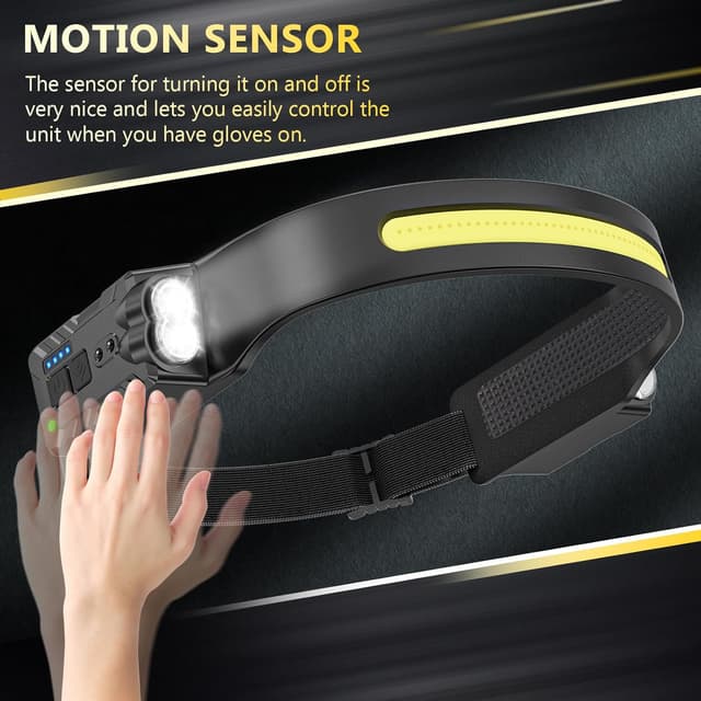 Detalle 2 de Diboniur Head Torch Rechargeable with Motion Sensor, 8 Lighting Modes & IPX4