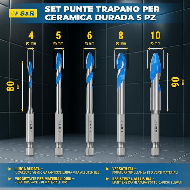Detalle 2 de S&R Set Punte Trapano per Ceramica Dura 5 pezzi 4/5/6/8/10 mm con codolo esagonale 1/4”