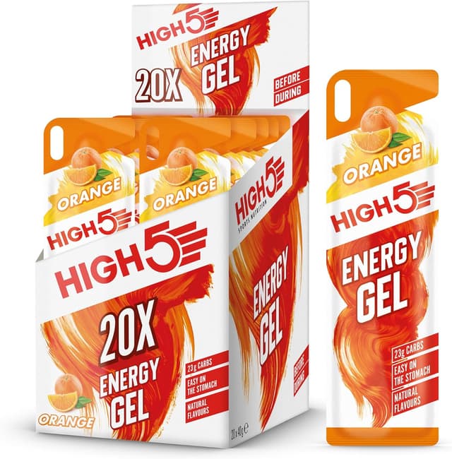 Detalle de HIGH5 Running Gels Energy (Orange) – Caffeine-free energy gel with quick-release carbs, 20 x 40g