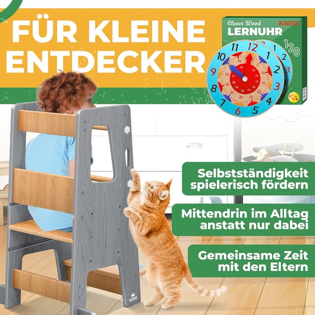 Detalle de KIDIZ Lernturm für Kinder ab 1 Jahr inkl. Lernuhr – höhenverstellbarer Montessori Learning Tower aus Kiefernholz