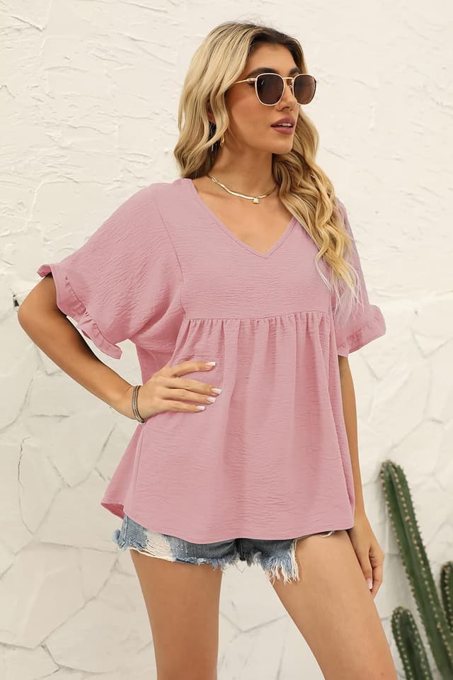 Detalle 2 de WIHOLL Women’s V-Neck Ruffle Sleeve Babydoll Peplum Top (Casual Loose Fit)