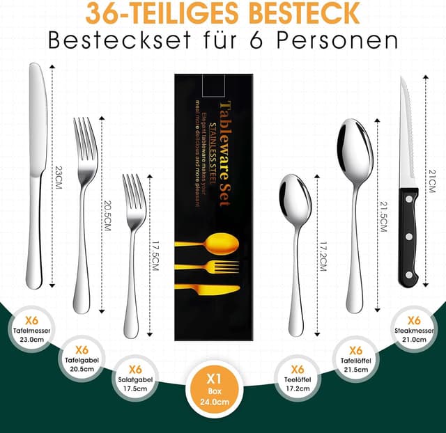 Detalle 2 de TAN REN Besteck-Set für 6 Personen, 36-teiliges Edelstahlbesteck mit Steakmessern (silber)