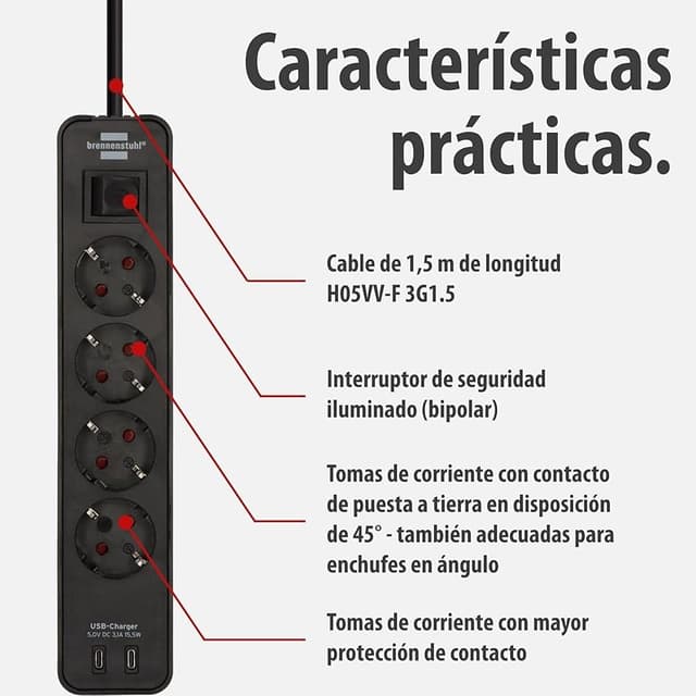 Thumbnail 2 de Brennenstuhl Ecolor Regleta 4 Vías con USB C y Interruptor ⚡