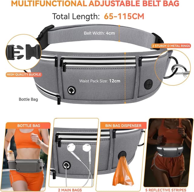 Detalle de Looxmeer Joggingleine mit Bauchgurt für große und mittelgroße Hunde, freihändig (1,6–2,2 m) – grau