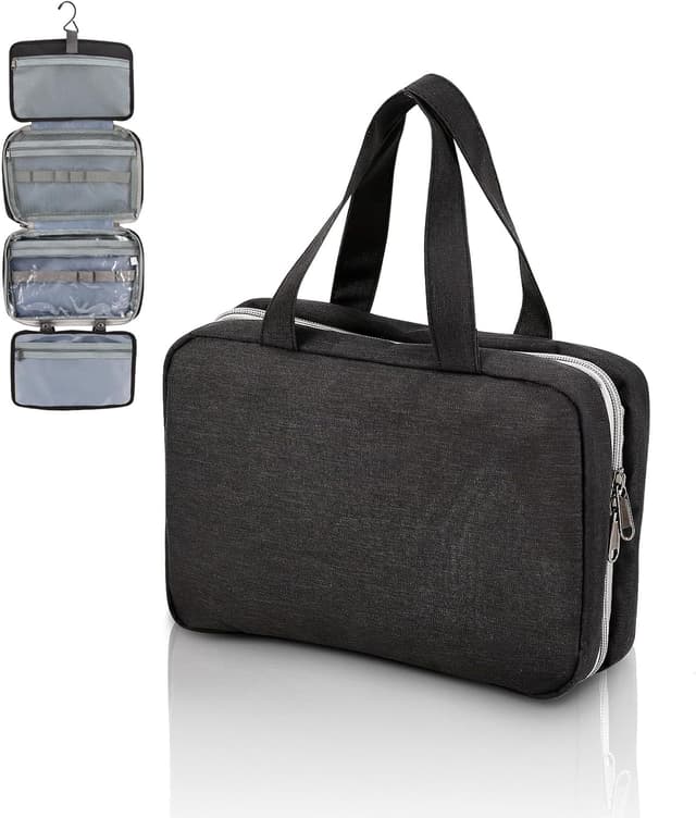 Detalle de FeinKulturia Kulturbeutel Reisetasche mit Metallhaken – faltbare, wasserabweisende Kulturtasche mit Nass-Trocken-Trennung (schwarz)