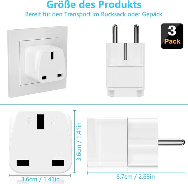 Detalle 2 de HITRENDS Reiseadapter UK auf EU (Typ J → Typ E/F/G) – 3er Set, weiß