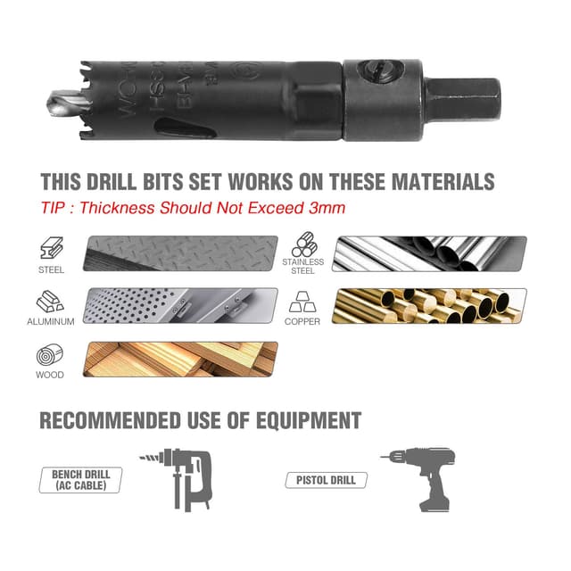 Detalle de WORKPRO Scies Cloches 9 pièces avec boîtier aluminium et trépan pour métal