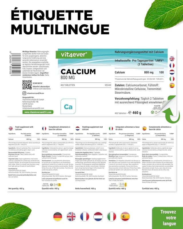 Detalle de vit4ever Calcium 800 mg (carbonate de calcium) – 400 comprimés, 6,6 mois de réserve