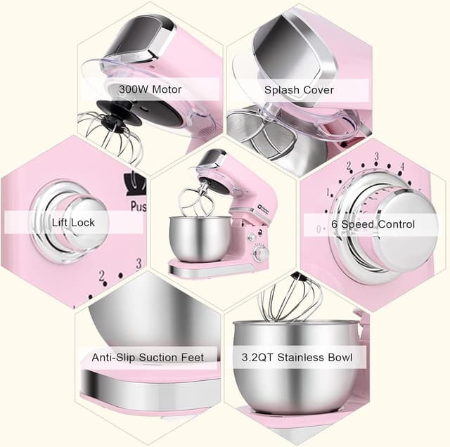 Detalle de Kitchen in the box Stand Mixer (3.2Qt) – Compact Electric Food Mixer with 6 Speeds, Tilt-Head, Dough Hook, Whisk, Flat Beater (Pink)