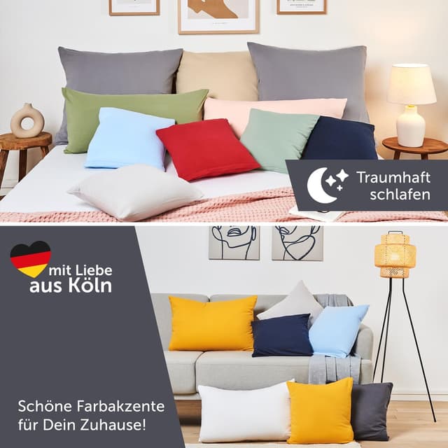 Detalle de Blumtal Kissenbezug 60x60 cm (2er-Set) Grau – 100% Baumwoll-Jersey mit Reißverschluss