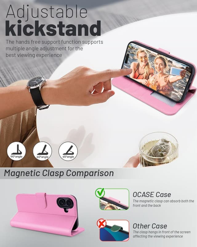 Detalle 2 de OCASE Hülle für iPhone 17 5G mit Kartenfach, Magnet & Standfunktion (RFID-Blocker) – Rosa