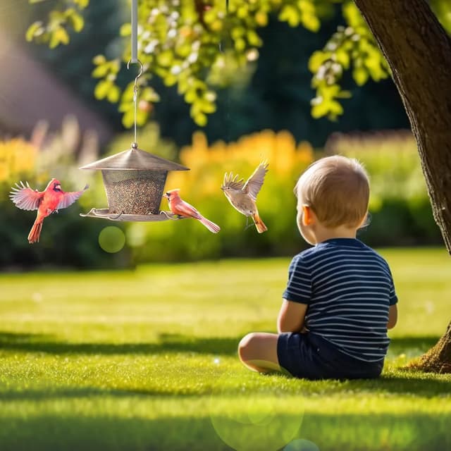 Detalle de IWTTWY hanging squirrel-proof metal bird feeder with weatherproof roof and 3 lbs seed capacity