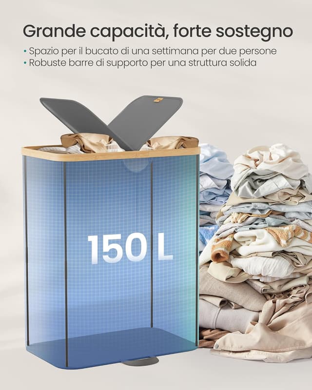 Detalle 2 de SONGMICS LCB523G01 cesto portabiancheria a 2 scomparti da 150 L con coperchio e sacchi interni rimovibili