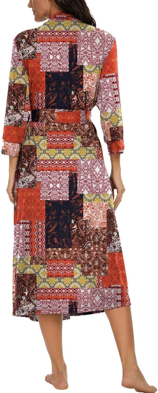 Detalle de PrinStory Damen Bademantel mit 3/4-Ärmeln und V-Ausschnitt (Kimono-Robe, lange Länge)