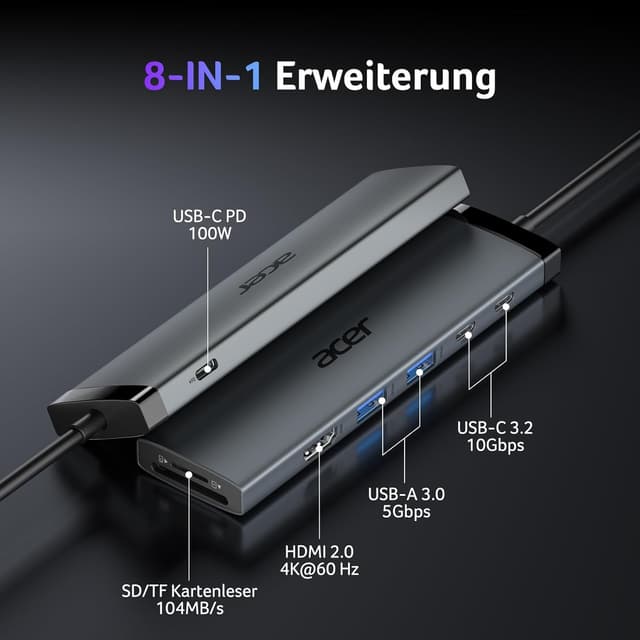 Detalle de acer 8-in-1 USB-C Hub (10Gbps) mit HDMI 4K@60Hz, SD/TF und USB-C PD bis 100W