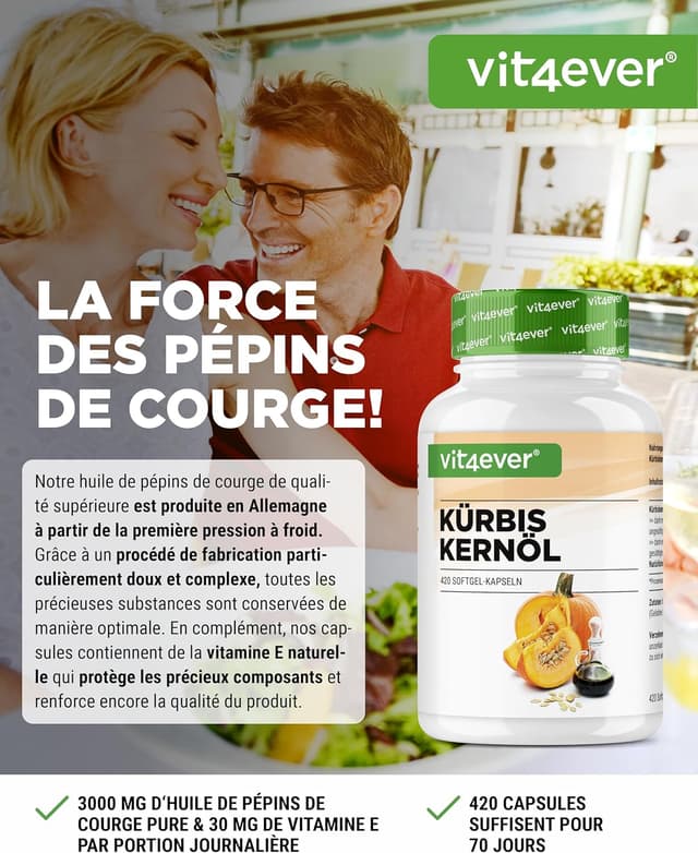 Detalle 2 de Huile de Pépins de Courge en capsules (420) – 3000 mg par portion journalière avec vitamine E