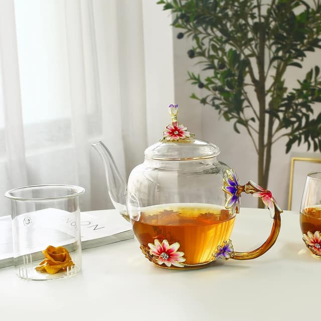 Detalle 2 de Luka Tech 35OZ Enamel Glass Flower Teapot With Removable Loose Tea Leaf Infuser