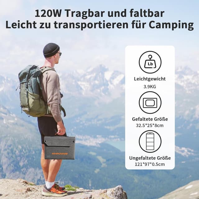 Detalle de 120W faltbares Solarpanel mit 19V Solar-Ladegerät: USB-C, USB-A & DC für Power Stations (IP65)