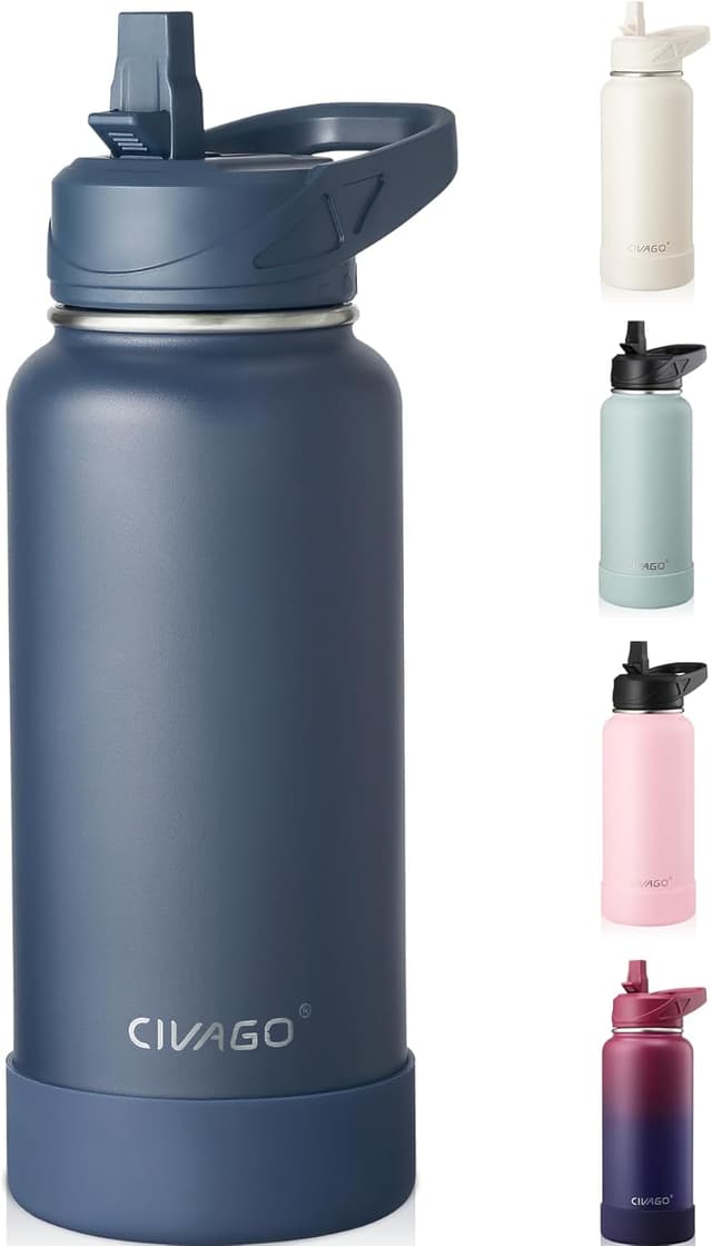 Detalle de CIVAGO 950ml insulated stainless steel water bottle with straw and handle (navy)