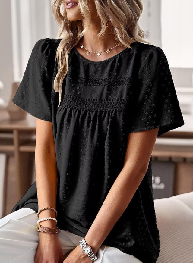 Detalle 2 de TUUHAW Damen Boho Bluse Rundhals Kurzarm