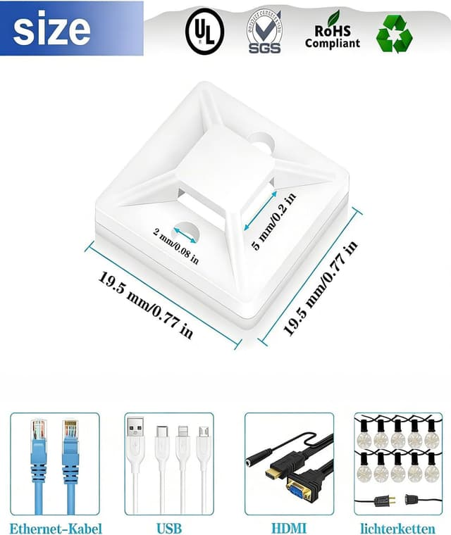 Detalle de KLJ Klebesockel für Kabelbinder 20 x 20 mm, Weiß – 100 Pack