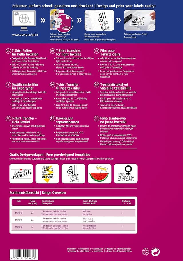 Detalle 2 de AVERY Zweckform Lot de 20 films transfert A4