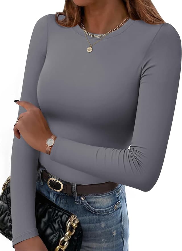 Detalle de Hotouch T-shirt manches longues femme col rond ajusté basique en couleur unie (XS à XL)