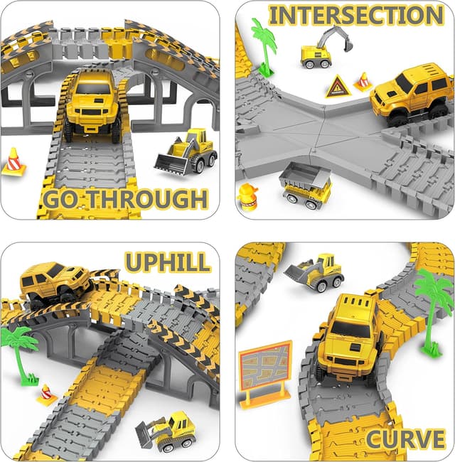 Detalle 2 de Kids Construction Race Tracks Toy Set (253 PCS) with Flexible Track, Cars & Trucks – Age 3–8