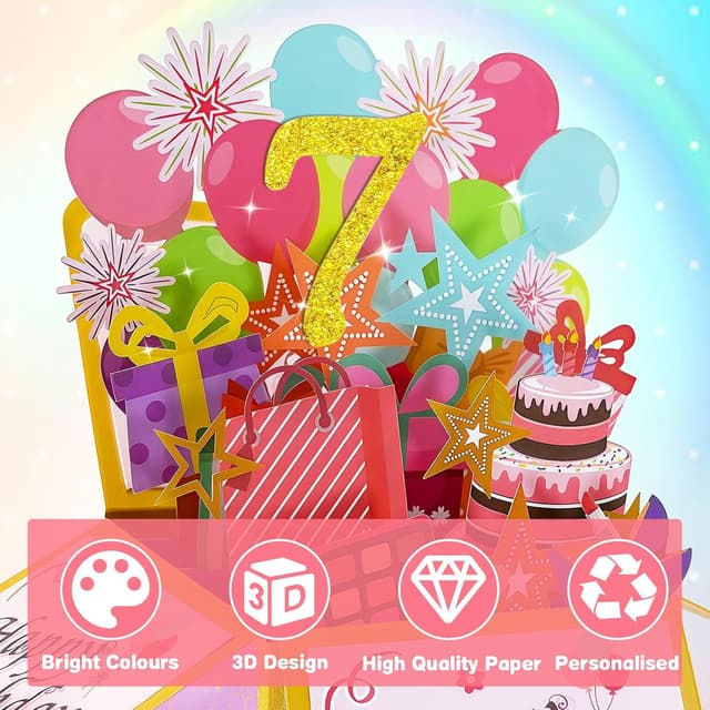 Detalle de Hierein 7th Birthday Pop-Up Card (Pink) – 3D Sweet Happy Birthday Gift Box Card for 7-Year-Old Girls