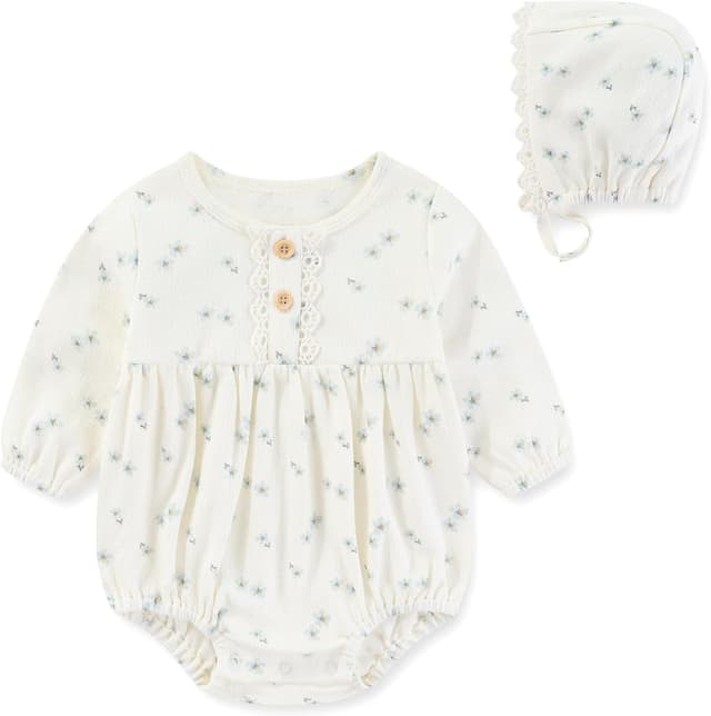 Detalle 2 de MAMIMAKA Newborn Baby Girl Cotton Bubble Romper Long Sleeve Bodysuit 3-Pack