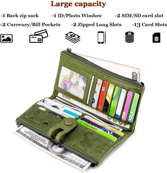 Detalle 2 de Roulens genuine leather women’s slim bifold zipper wallet with RFID blocking