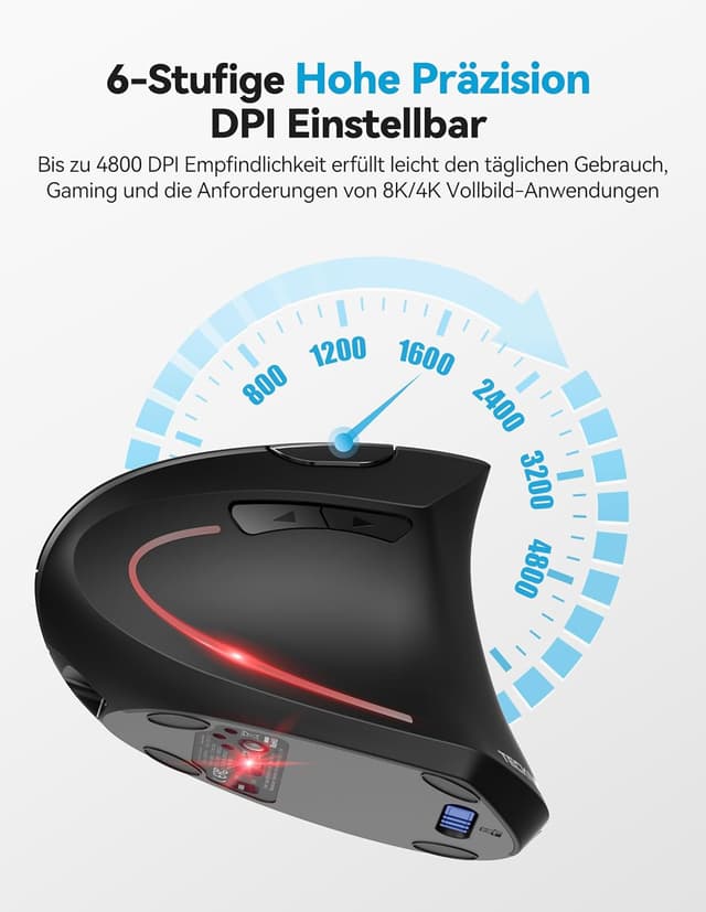 Detalle de TECKNET ergonomische Bluetooth-Maus mit Jiggler & wiederaufladbar – BT 5.0/3.0 + 2,4 GHz, bis 4.800 DPI