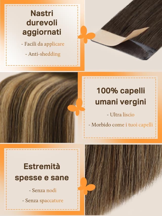 Detalle de DOORES Extension Capelli Veri Remy Biadesive Tape-in Balayage Marrone Cioccolato a Biondo Caramello (45 cm, 40 pz, 100 g)