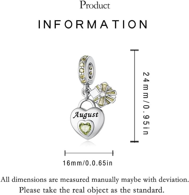 Detalle de LNQOBU 925 Sterling Silber Birthstone Charm „August“ mit Herz-Zirkonia