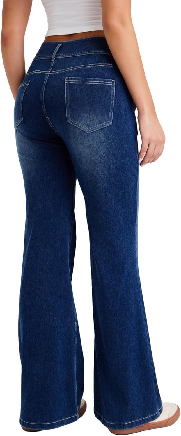 Detalle de LaiEr Women’s Wide-Leg Jeans with Double Row Button Zip Placket – High Elastic Denim Look for Casual, Yoga & Fitness