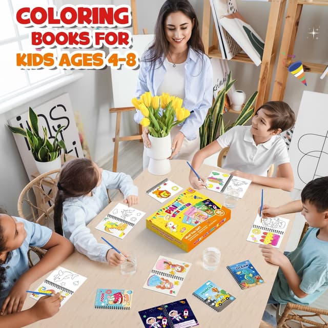 Detalle de LIKYMO Water Colouring Books (16 mini books) for kids aged 4–9 – party bag fillers and travel water painting fun
