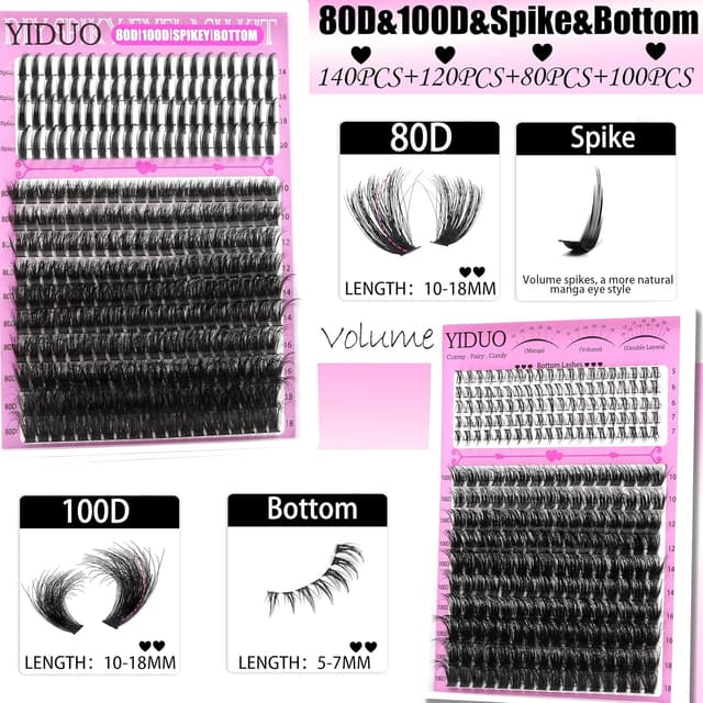 Detalle de YIDUO 4 Styles Lash Clusters Kit (40D/60D/80D/100D) with Spikes & Bottom Clusters, 2X Bond & Seal