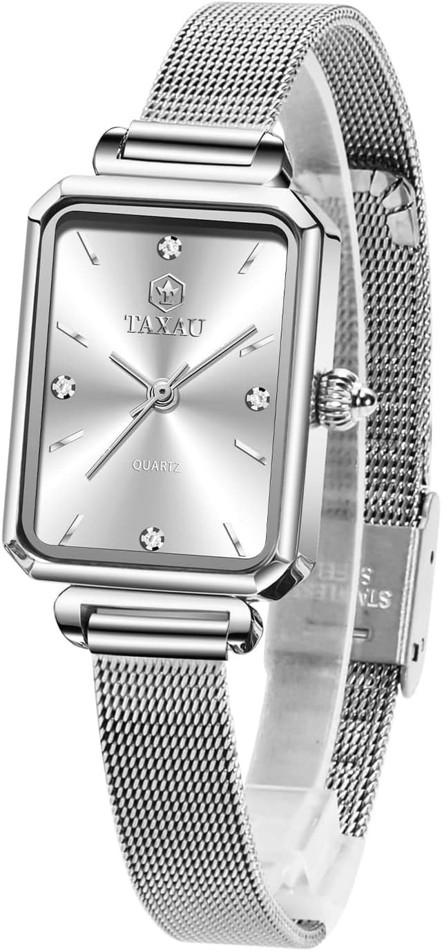 Detalle de Taxau Damenarmbanduhr eckig mit Edelstahl-Mesh-Armband (Quarz, roségold) – Wasserdicht bis 3 ATM