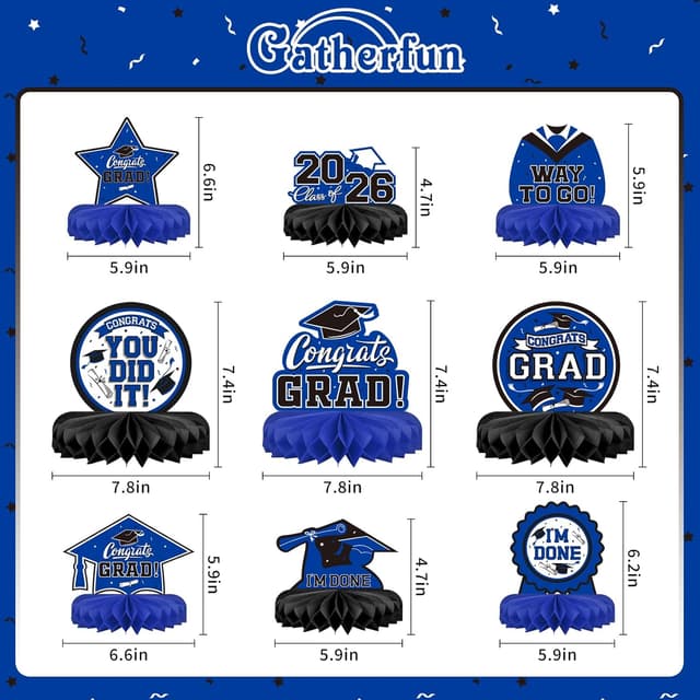 Detalle 2 de 9PCS Graduation Party Decorations Class of 2026 Honeycomb Table Centerpieces (Blue, Black)