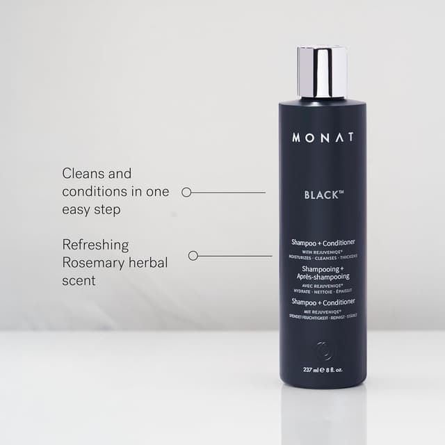Detalle de MONAT Black Shampoo + Conditioner 2-in-1 (All Hair Types) — Cleanses, Conditions, and Helps Support Stronger-Looking Hair, 8.0 fl oz