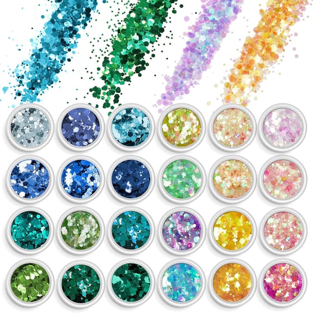 Detalle de AOOWU Paillettes Unghie: kit glitter in polvere olografico con 24 colori per DIY su unghie, viso e corpo