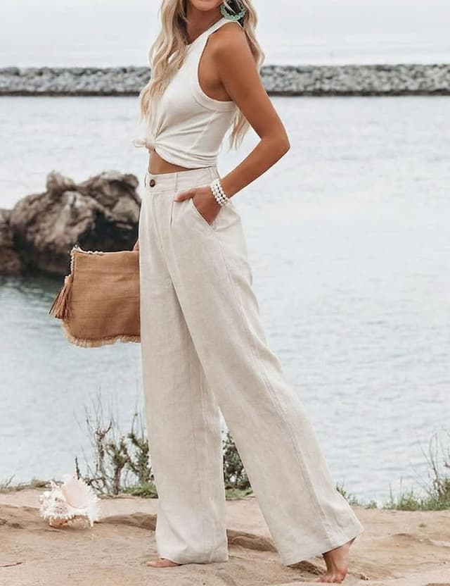 Detalle 2 de Hooever Women’s Cotton Linen Pants with Button Front and High-Waist Wide Leg Fit