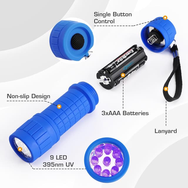 Detalle de EverBrite UV Torch 6 Pack (9 LED, 395nm) blacklight torch for stain checks
