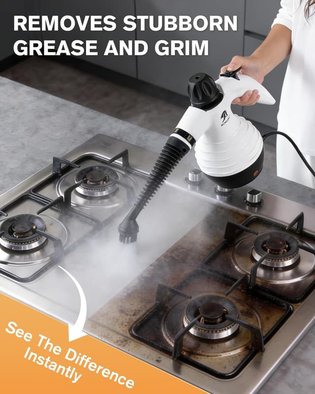 Detalle de MLMLANT Steam Cleaner (10 attachments) – 1050W handheld steam cleaner for kitchens, bathrooms, sofas and car seats