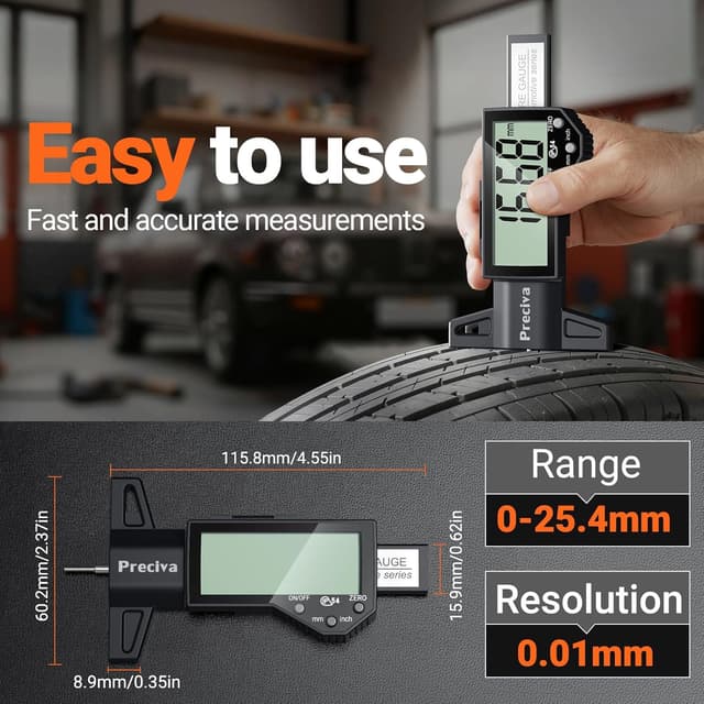 Detalle de Preciva Digital Tyre Tread Depth Gauge & Brake Pad Measuring Tool Kit with Large LCD Screen